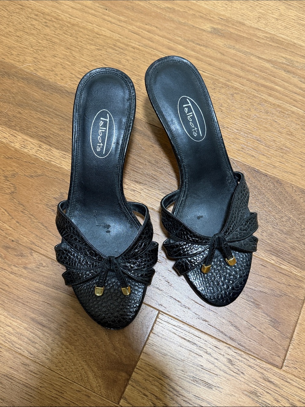 Talbots Black Textured Slide Mules with Bow and Gold Accents